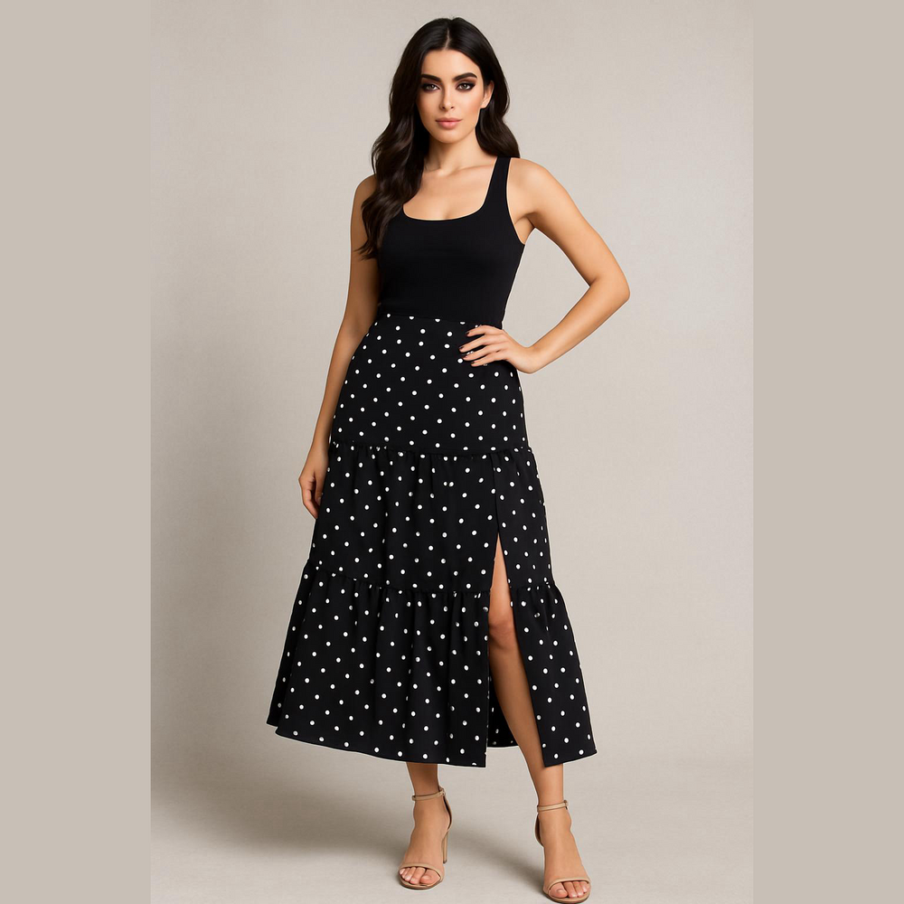 Commense Black and White Polka Dot A-Line Skirt